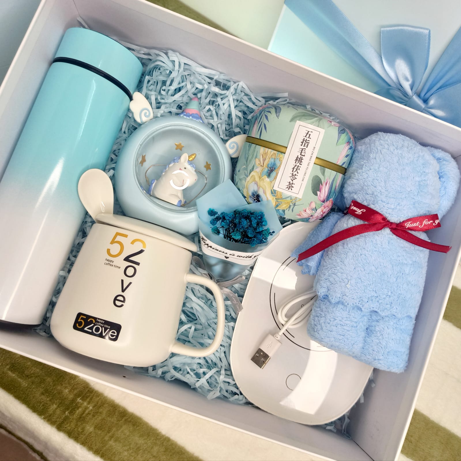 Blue 6-piece Smart Thermos Cup Humidifier Peach Oolong Tea Bear towel dry flower ceramic mug with heated coaster set happy