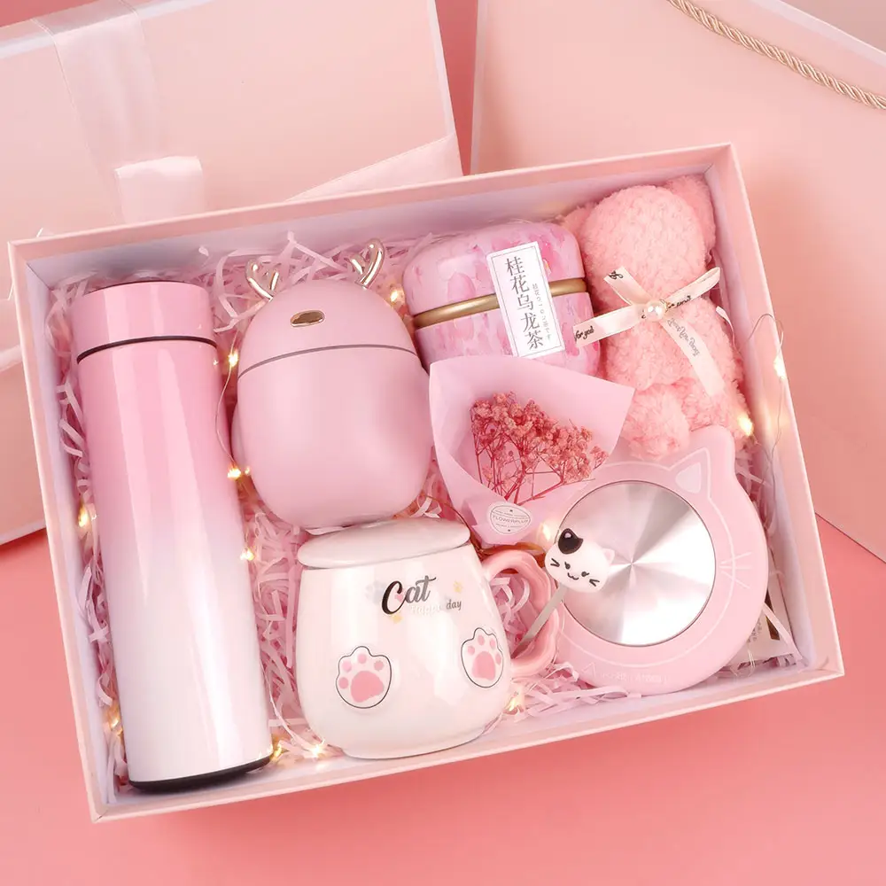 set Pink girl series delicate and beautiful Valentine's Day thermos cup can be heated mugs towel bow limited set