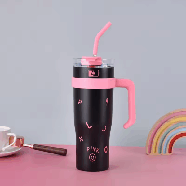 Tumbler with Handle and Straw Lid Vacuum Insulated Water Bottle Straw Cover Silicone Boot Leak-proof Travel Coffee Cup 1.2 black