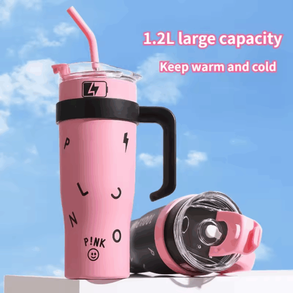 Tumbler with Handle and Straw Lid Vacuum Insulated Water Bottle Straw Cover Silicone Boot Leak-proof Travel Coffee Cup 1.2 pink