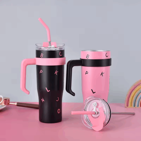 Tumbler with Handle and Straw Lid Vacuum Insulated Water Bottle Straw Cover Silicone Boot Leak-proof Travel Coffee Cup 1.2 pink