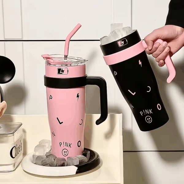 Tumbler with Handle and Straw Lid Vacuum Insulated Water Bottle Straw Cover Silicone Boot Leak-proof Travel Coffee Cup 1.2 pink