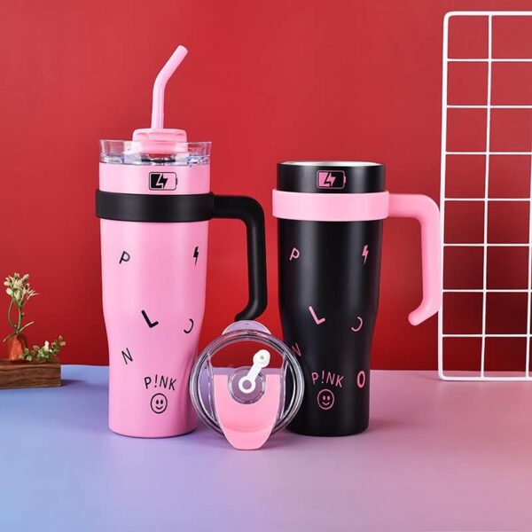 Tumbler with Handle and Straw Lid Vacuum Insulated Water Bottle Straw Cover Silicone Boot Leak-proof Travel Coffee Cup 1.2 pink