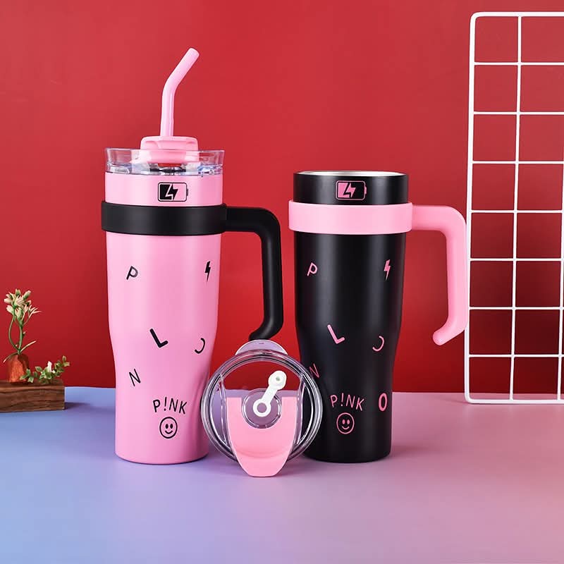 Tumbler with Handle and Straw Lid Vacuum Insulated Water Bottle Straw Cover Silicone Boot Leak-proof Travel Coffee Cup 1.2 pink