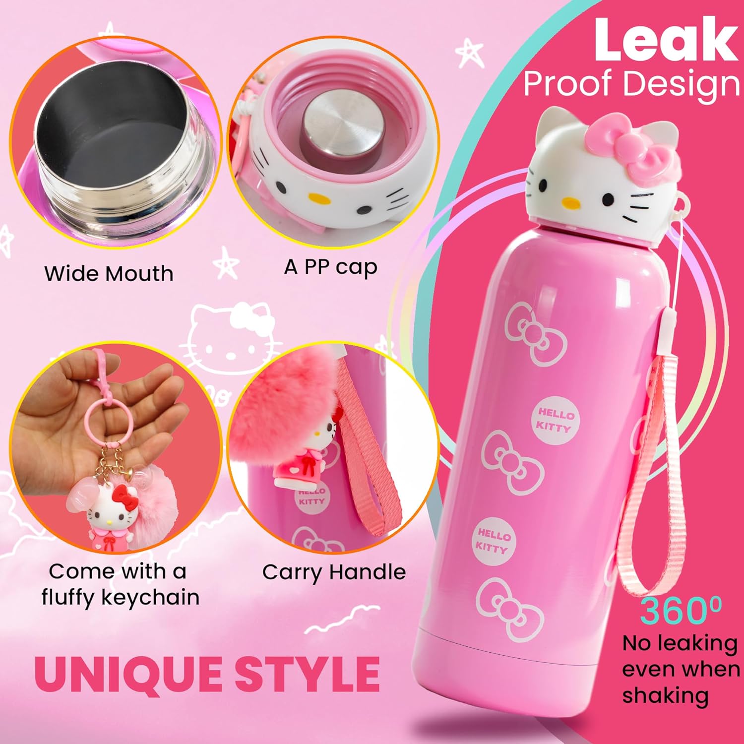 Hello Kitty Insulated Water Bottle for Kids – with Keychain (Pink) 400ml - Image 6