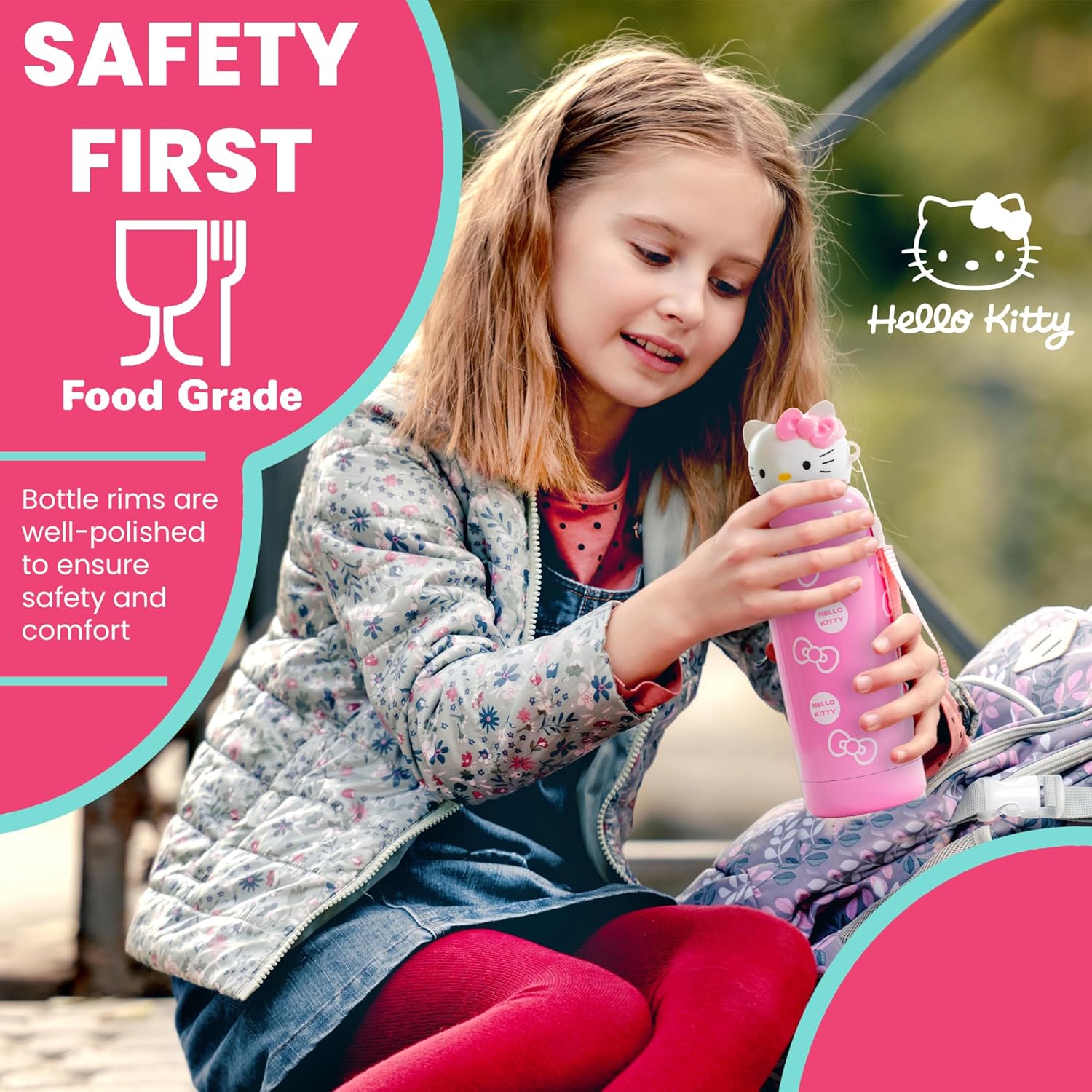 Hello Kitty Insulated Water Bottle for Kids – with Keychain (Pink) 400ml - Image 4
