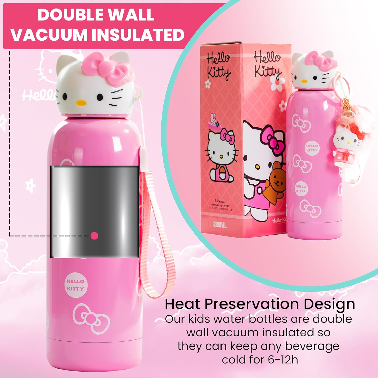 Hello Kitty Insulated Water Bottle for Kids – with Keychain (Pink) 400ml - Image 2