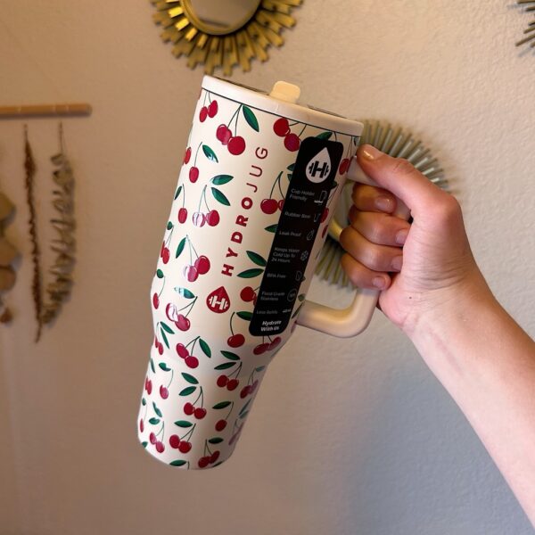 HydroJug Travel 40 Oz Water Bottle With Handle & FlipStraw – Cherry Print